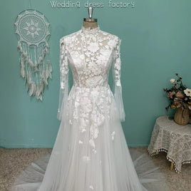 Vintage High Neck Long Sleeve Wedding Dress 2025 Boho See through 3D Lace Open Back a Line Bridal Gowns