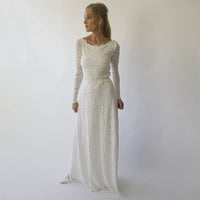 BLUSHFASHION - Original Long Sleeves Boat Neckline Modest Wedding Dress With Floral Sash Belt  #1296