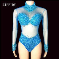 5 Colors Big Stone Mesh Bodysuit Birthday Party Dance Sexy Outfit Nightclub Bar Women Singer Team Costume Rhinestones Clothes