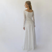 BLUSHFASHION - Original Long Sleeves Boat Neckline Modest Wedding Dress With Floral Sash Belt  #1296