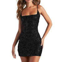 ODIZLI Women's Spaghetti Straps Sparkly Sequins Bodycon Mini Dress Party Nightclub Small Black