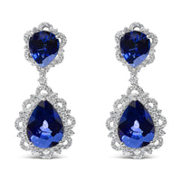 INFINITE JEWELS - Original 18K White Gold Blue Sapphire and Diamond 2.00 Cttw Diamond Halo Drop and Dangle Earring (G-H Color, SI1-SI2 Clarity)