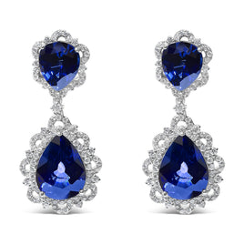 INFINITE JEWELS - Original 18K White Gold Blue Sapphire and Diamond 2.00 Cttw Diamond Halo Drop and Dangle Earring (G-H Color, SI1-SI2 Clarity)