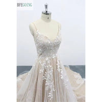 Lace Tulle Appliques Spaghetti Straps Sleeveless Floor -Length A-Line Wedding Dress Chapel Train Custom Made