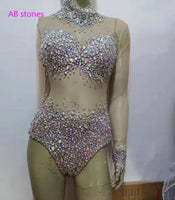 5 Colors Big Stone Mesh Bodysuit Birthday Party Dance Sexy Outfit Nightclub Bar Women Singer Team Costume Rhinestones Clothes