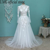 Vintage High Neck Long Sleeve Wedding Dress 2025 Boho See through 3D Lace Open Back a Line Bridal Gowns