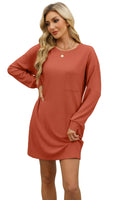 WIHOLL Womens Long Sleeve Dress Loose Fit Casual Crewneck Flowy Mini Dresses with Pockets Fall Fashion 2024 Caramel Large