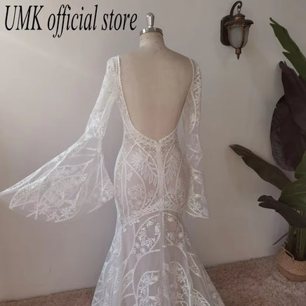 Vintage Boho Mermaid Wedding Dress Chic Lace Flare Sleeve Bridal Gowns Sexy Open Back Vestido De Noiva