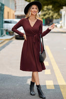 Newshows Womens 2024 Fall Sweater Dress Long Sleeve Business Casual Outfits V Neck Ribbed Knit Belt Trendy with Pockets Wine Red Large