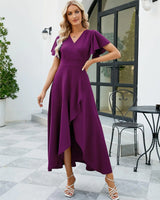 Long Black Formal Dresses for Women Gowns Evening Party Cocktail Dress,Split Elegant V Neck Wrap Ruffle Wedding Guest Dresses Large Purple