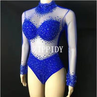 5 Colors Big Stone Mesh Bodysuit Birthday Party Dance Sexy Outfit Nightclub Bar Women Singer Team Costume Rhinestones Clothes