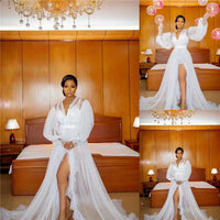 White Illusion Ruffles Tulle Long Sleeve Bridal Winter Sexy Kimono Pregnant Party Sleepwear Women Bathrobe Sheer Nightgown Robe