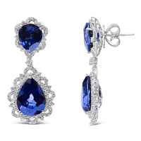 INFINITE JEWELS - Original 18K White Gold Blue Sapphire and Diamond 2.00 Cttw Diamond Halo Drop and Dangle Earring (G-H Color, SI1-SI2 Clarity)