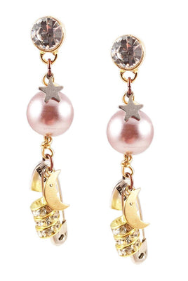 18kt Gold Plated and Crystals Dangle and Drop Earrings With Pearls and Safety Pins. Sparkly Bride Safety Pin Dangle Earr