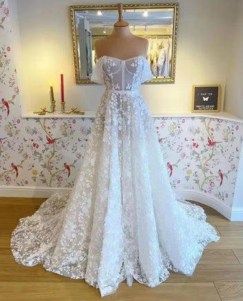 Chic 3D Lace a Line Wedding Dress 2025 Llucinations Boho off the Shoulder Short Sleeve Luxury Bridal Gowns