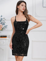 ODIZLI Women's Spaghetti Straps Sparkly Sequins Bodycon Mini Dress Party Nightclub Small Black