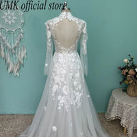 Vintage High Neck Long Sleeve Wedding Dress 2025 Boho See through 3D Lace Open Back a Line Bridal Gowns