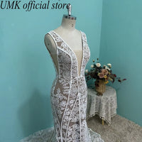 Vintage Mermaid Lace Boho Wedding Dress Sexy V Neck Open Back Front Split Detachable Sleeves Wedding Gowns