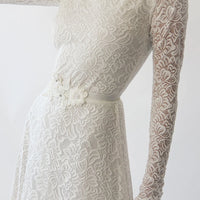 BLUSHFASHION - Original Long Sleeves Boat Neckline Modest Wedding Dress With Floral Sash Belt  #1296