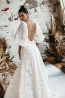 Unique a Line Lace Wedding Dress 2024 Detachable Sleeve Bohemia Bridal Gowns Sexy V Neck Open Back Spaghetti Straps