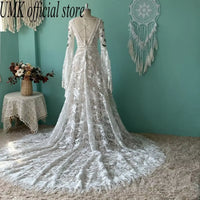 Vintage Tassel Bohemia Wedding Dress Lace Flared Sleeves Unique Boho V Neck Backless Front Split Beach Bridal Gowns