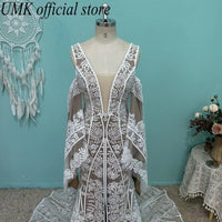 Vintage Mermaid Lace Boho Wedding Dress Sexy V Neck Open Back Front Split Detachable Sleeves Wedding Gowns