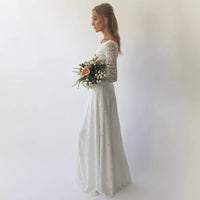 BLUSHFASHION - Original Long Sleeves Boat Neckline Modest Wedding Dress With Floral Sash Belt  #1296