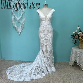 Vintage Bohemia Mermaid Wedding Dress 2025 Chic Lace V Neck Short Sleeve Vestido De Noiva Luxury Bridal Gowns