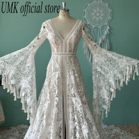 Vintage Tassel Bohemia Wedding Dress Lace Flared Sleeves Unique Boho V Neck Backless Front Split Beach Bridal Gowns