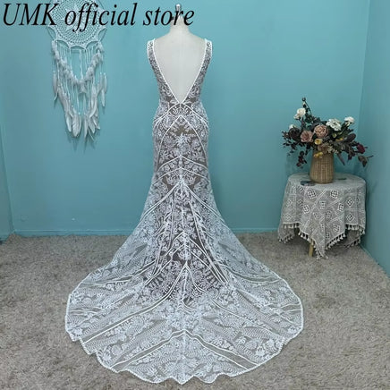 Vintage Mermaid Lace Boho Wedding Dress Sexy V Neck Open Back Front Split Detachable Sleeves Wedding Gowns