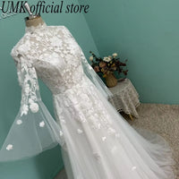 Vintage High Neck Long Sleeve Wedding Dress 2025 Boho See through 3D Lace Open Back a Line Bridal Gowns