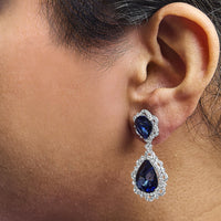 INFINITE JEWELS - Original 18K White Gold Blue Sapphire and Diamond 2.00 Cttw Diamond Halo Drop and Dangle Earring (G-H Color, SI1-SI2 Clarity)