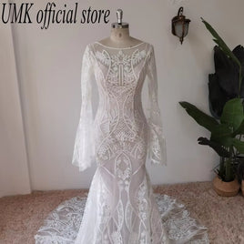 Vintage Boho Mermaid Wedding Dress Chic Lace Flare Sleeve Bridal Gowns Sexy Open Back Vestido De Noiva