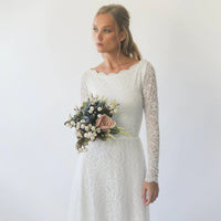 BLUSHFASHION - Original Long Sleeves Boat Neckline Modest Wedding Dress With Floral Sash Belt  #1296