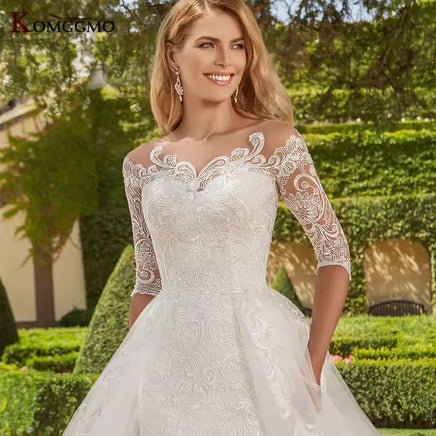 Illusion O-Neck Full Sleeve Mermaid Wedding Dress Luxury Detachable Train Embroidery Appliques Tulle Button Back Bridal Gown