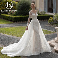 "Enchanting Mermaid Wedding Dress with Detachable Train & Long Sleeves - Elegant Lace Appliqué 2-in-1 Gown for the Perfect Bride"