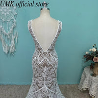 Vintage Mermaid Lace Boho Wedding Dress Sexy V Neck Open Back Front Split Detachable Sleeves Wedding Gowns