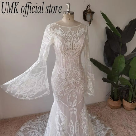 Vintage Boho Mermaid Wedding Dress Chic Lace Flare Sleeve Bridal Gowns Sexy Open Back Vestido De Noiva