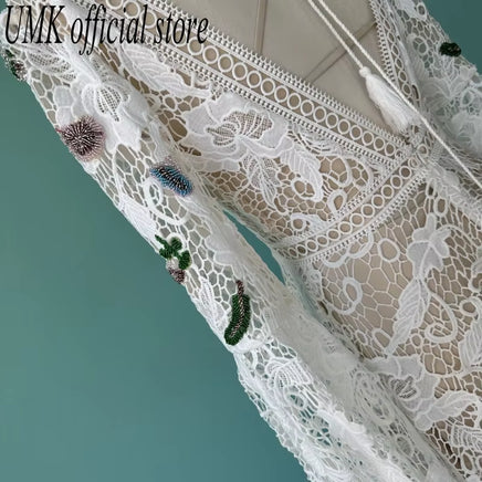 Vintage Tassel Bohemia Wedding Dress Lace Flared Sleeves Unique Boho V Neck Backless Front Split Beach Bridal Gowns