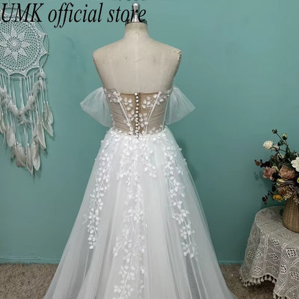 2025 Sexy Illusion Lace Wedding Dress Boho Tulle Deep V Cap Sleeve Front Split Beach Bridal Gowns