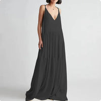 Women's Casual Solid Color Double V-Neck Backless A-Line Dress with Lace-Up Detail - Irregular Pleated Long Dress for Spring and Summer