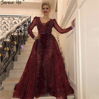 SERENE HILL - Original Velvet  Muslin  Wine Red Evening Dresses Long Sleeves Luxury Design Beading  Formal Dress 2024 Serene Hi