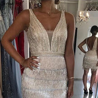 SERENE HILL - Original 2024 Champagne V-Neck Sexy Short Dresses Beading Tassel Party Cocktail Gowns Serene HiLL LA70124