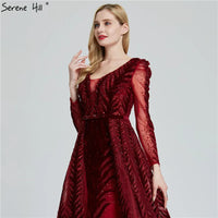 SERENE HILL - Original Velvet  Muslin  Wine Red Evening Dresses Long Sleeves Luxury Design Beading  Formal Dress 2024 Serene Hi