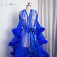 I DUI BRIDAL - Royal Blue Feather Bridal Robe Muslim Long Sleeve Masquerade Dance Dress Homecoming