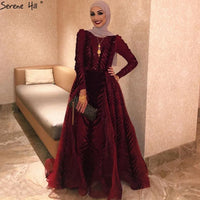 SERENE HILL - Original Velvet  Muslin  Wine Red Evening Dresses Long Sleeves Luxury Design Beading  Formal Dress 2024 Serene Hi