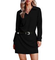 WIHOLL Womens Long Sleeve Lapel Collared V Neck Sweatshirt Dress Loose Fit Solid Color Mini Dresses Fall 2024 Black Large