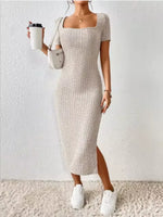 Summer Knit Midi Dress with Square Neck and Slit