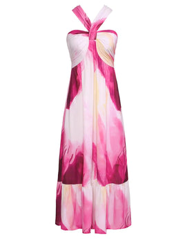 GRACE KARIN 2024 Women's Criss Cross Halterneck Sleeveless Summer Floral Print Flowy A Line Maxi Dress XX-Large Magenta Tie Dye