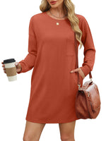 WIHOLL Womens Long Sleeve Dress Loose Fit Casual Crewneck Flowy Mini Dresses with Pockets Fall Fashion 2024 Caramel Large